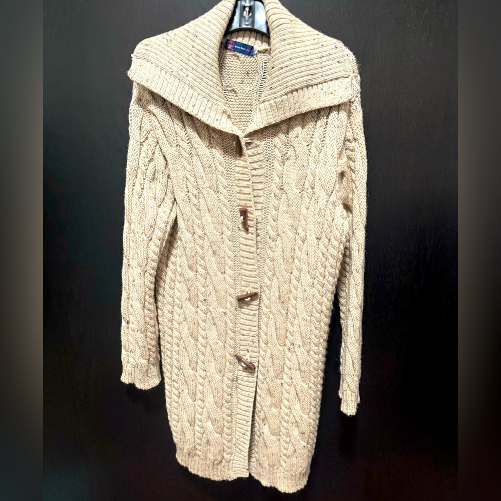Long Cable Knit British Wool Shawl Collar Cardigan
